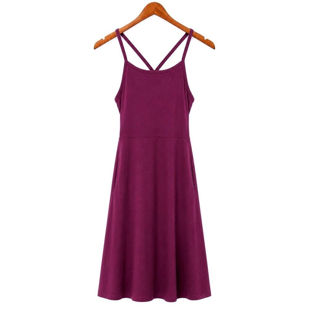 Pact Organic Cotton Purple Midi Dress M Strappy Cross Back Pockets Built In Bra